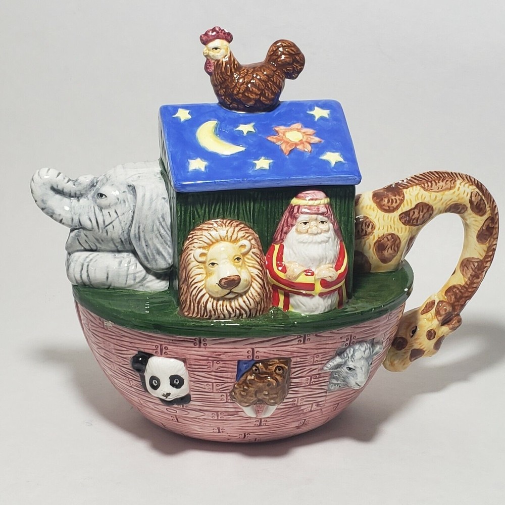 Noah's Ark Teapot Ceramic Basket Pattern Giraffe Handle‎ Elephant Spout 7.5"H